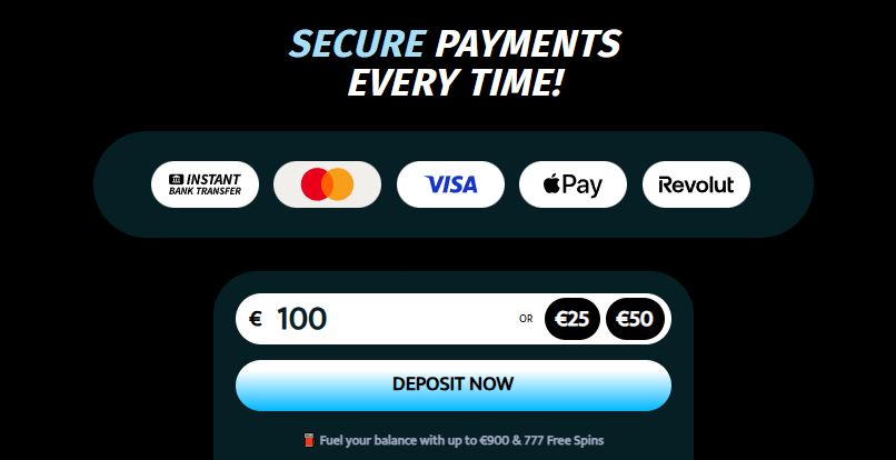 Säkra snabba insättningar via Visa, Mastercard, Apple Pay och Revolut varje gång