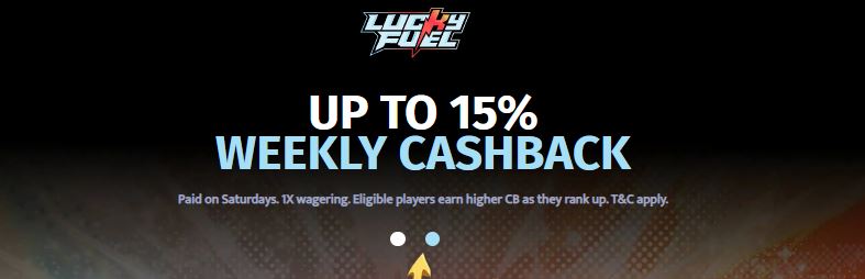 Tjäna upp till 15% veckovis cashback på Lucky Fuel Casino med endast 1x omsättningskrav